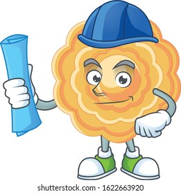 Elegant Architect chinese mooncake having blue prints and blue helmet