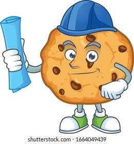 Elegant Architect chocolate chips cookies having blue prints and blue helmet