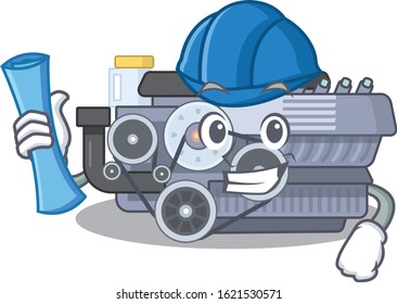 Elegant Architect combustion engine having blue prints and blue helmet
