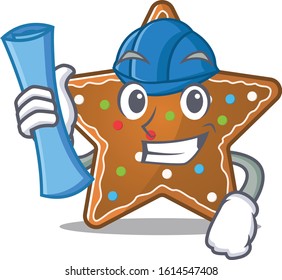 Elegant Architect gingerbread star having blue prints and blue helmet