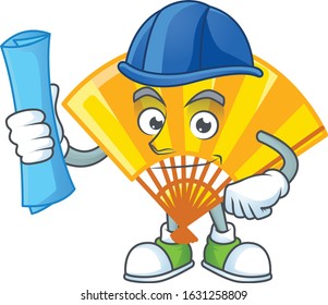 Elegant Architect gold chinese folding fan having blue prints and blue helmet