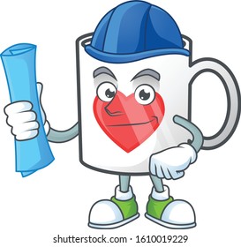 Elegant Architect heart cup of coffee holding blue prints and blue helmet