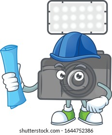 Elegant Architect photo camera with lighting having blue prints and blue helmet