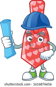 Elegant Architect red love tie having blue prints and blue helmet