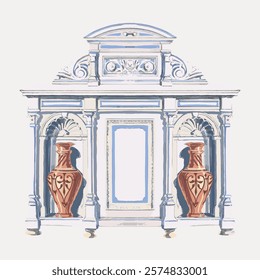 Elegant architectural design with classical elements. Features ornate columns, decorative vases, and intricate details. Classical style, architectural elegance. Vintage art, isolated vector element.