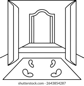 Desenho arquitetônico elegante de um grande espaço interior com portas ornamentadas e um tapete padronizado, design clássico interior com portas de arco e tapete geométrico moderno