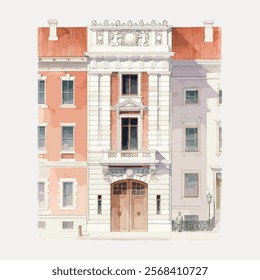 Elegant architectural illustration of a classic building facade. Detailed facade with ornate design. Building facade with historical charm and elegance. Isolated vintage vector element.