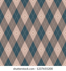 Elegant argyle vector pattern. Grey brown, blue and beige tartan plaid design. Printing block for interior textile, wallpaper, fabric cloth. Minimal geometric ornament. Simple diamond allover motif.