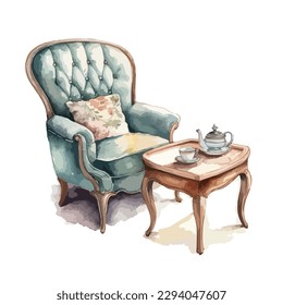 Elegant armchair and coffee table on a tea time in royal style