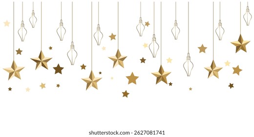 Um arranjo elegante de estrelas douradas e elegantes lâmpadas vintage penduradas de cima, criando uma decoração festiva e ornamental para qualquer ocasião
