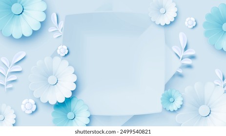 An elegant arrangement of paper flowers in soft pastel shades of blue and mint, creating a serene and harmonious atmosphere perfect for soothing visual content.
