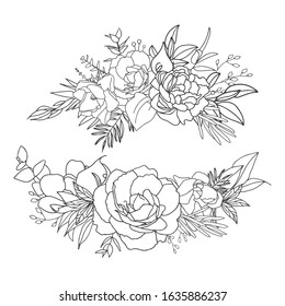 Elegant arrangements in black and white with white fill. Hand-drawn big flowers. Design wedding invitation, envelopes, greeting card template. Vector illustration