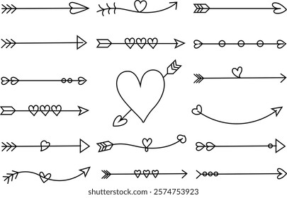 Elegant arrows with heart accents, perfect for love-themed designs, Valentine's Day cards, wedding invitations, and romantic banners. A versatile vector set for creative projects and romantic artwork.