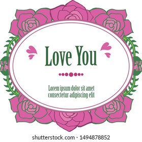 Elegant art cute purple rose flower frame, for template of text love you. Vector