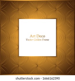 Marco elegante estilo Art Déco dorado. Fondo de oro de patrón geométrico. Marco vectorial para invitaciones, portadas de bienvenida, invitaciones de boda. Marco cuadrado con lugar blanco para el texto.