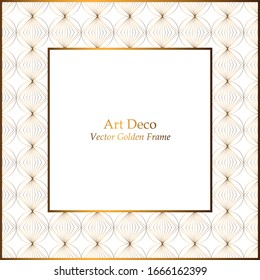Elegant Art Deco golden pattern frame. Geometric pattern white background. Vector frame for invitations, greeting cards, covers, wedding invitations. Square frame with white place for your text.