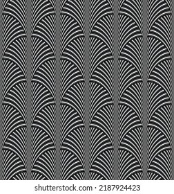 Elegant Art Deco Seamless Pattern Peacock Feather Style Seashell Shaped Endless Vector Design Luxury Rich Concept Trendy Colors Black White Tones
