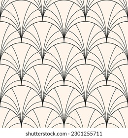 Motif élégant art déco harmonieux. Image vectorielle texture géométrique linéaire avec des lignes courbes fines, ornement à l'échelle du poisson, motif de paon, grille, treillis. Arrière-plan noir et blanc abstrait élégant. Geo design