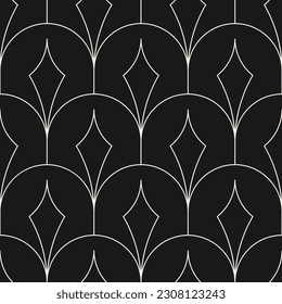 Elegant art deco seamless pattern. Monochrome vector geometric linear texture with thin curved lines, peacock pattern, grid, lattice ornament. Simple black and white abstract background. Repeat design