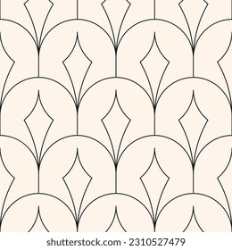 Elegante estilo art deco sin fisuras. Textura lineal geométrica monocromática vectorial con líneas curvas delgadas, patrón de pavo real, rejilla, ornamento de entramado. Fondo abstracto mínimo en blanco y negro. Diseño geográfico