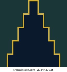 Elegant art deco stepped tower silhouette with gold outline on a dark green background in a geometric illustration