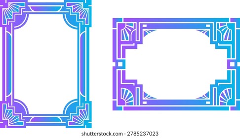Elegant art deco style borders. Geometric shapes and sunburst motifs. Blue and purple gradient. Elegant art deco style borders. Geometric shapes and sunburst motifs. Blue and purple gradient.