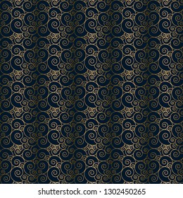 Elegant Art Deco style pattern with metallic golden interlocked spirals on dark background. Seamless vector pattern.
