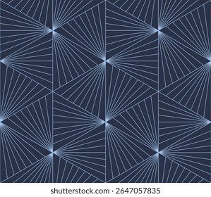 Elegant art deco styled geometric seamless pattern with thin blue lines triangular structure on dark background. Subtle decorative vector classy design geometrical sophisticated grid for textile print