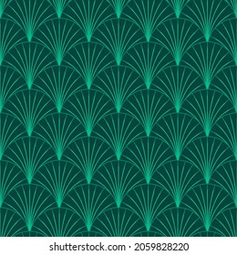 Elegante Diseño De Patten De Estilo Art Déco Vintage Con Motivos De Ventilador Verde Esmeralda Oscuro En Media Gota Repito. Patrón De Repetición De Vectores Sin Precedentes Para Papel De Tela, Textil, Decoración Doméstica, Diseño Interior.