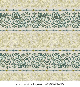 Elegant Art Nouveau damask pattern in teal and beige for classic wallpaper and textile design. Seamless pattern for background or wallpaper design. Vector vintage floral seamless pattern element.