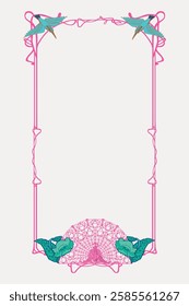 Elegant Art Nouveau frame with pink floral motifs and green birds. Decorative Art Nouveau style, featuring intricate pink and green design elements. Vintage art illustration, vector.