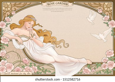 Elegant art nouveau style goddess lying nearby roses garden with elaborated frame