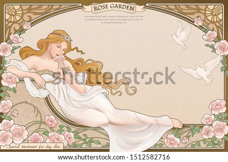 Elegant art nouveau style goddess lying nearby roses garden with elaborated frame Imagine de stoc © 