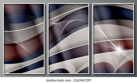 Elegant art triptych in cold colors. A flash of light, intertwining thin wavy lines, overlapping smooth abstract shapes. Three images in white thin frames. Vector.