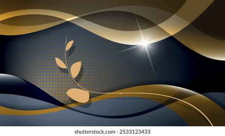 Elegant art wallpaper. Smooth curved branch with leaves on the background of wavy overlapping abstract shapes and stripes. 3D effect. Vector.