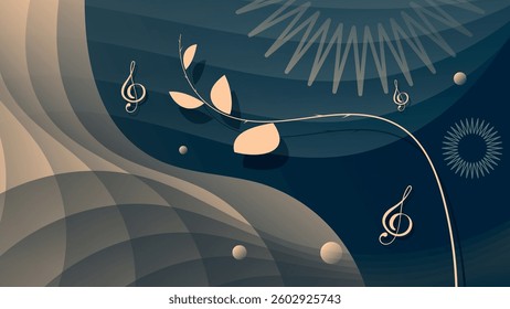 Elegant art wallpaper with treble clefs and a branch with leaves. A beautiful illustration for interior decoration, corporate designs, blogs, postcards, posters and your other projects. Vector. 