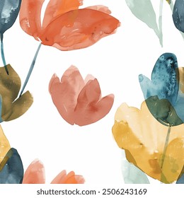 Elegant and Artistic Aqua Terra Brown French Grey White Abstract Wild Tulip Flower Elegant Leaf Watercolor Scandinavian Design Seamless Pattern Wallpaper Curtain Bedding Upholstery Pastel Vector