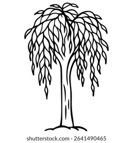 Elegant and artistic black and white illustration of a weeping willow tree, ideal for various design projects.
