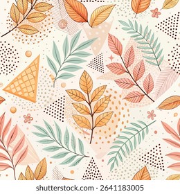 Elegant and artistic seamless pattern with botanical elements including leaves, dots, and triangles in subtle pastel colors. This versatile vector design is perfect for modern fabric prints.