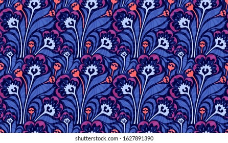 Elegant art-nouveau floral seamless vector pattern, stylized leaves and flowers. Fresh decorative designs such as invitation cards, stationery, wrapping paper, fabric printing, interior design.