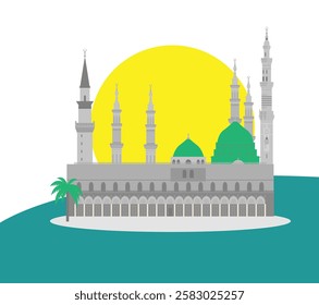 Elegant artwork of Al-Masjid an-Nabawi in rich green and dark tones, emphasizing its iconic dome and intricate details. A serene, spiritual piece perfect for Islamic decor and cultural projects.