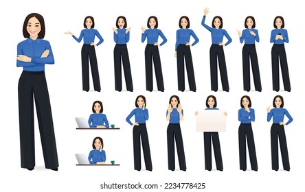 Elegant asian beautiful business woman in different poses set. Various gestures female character standing and sitting at the desk isolated vector illustration - Shutterstock ID 2234778425