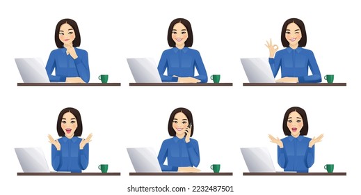 Elegant asian business woman using laptop computer sitting at the desk set isolated vector illustration