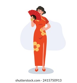Elegant Asian Celebration Festive Lunar New Year.Smiling Chinese Woman Poses with Traditional Fan