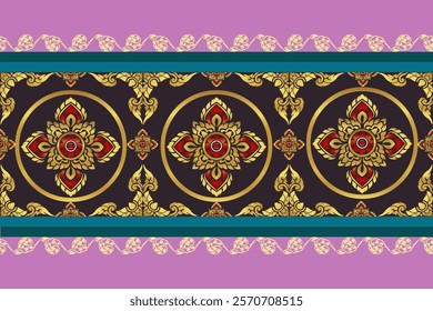 Elegant Asian Decorative Design Featuring Gold Floral Accents, Symmetrical Borders, and Intricate Thai Art-Inspired Motifs