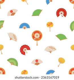Elegant Asian Fans Dance Gracefully Across A Seamless Pattern, Their Intricate Designs And Vibrant Colors Tile Wallpaper