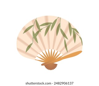 Elegant Asian Hand Fan Decorated With Green Bamboo Leaves, Captures The Beauty Of Traditional Asian Craftsmanship
