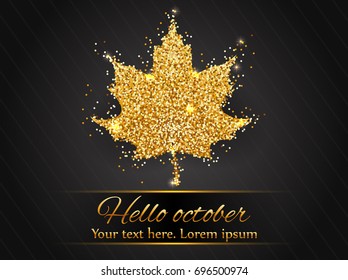 Elegant autumn background with shining gold maple leaves. Vector illustration. Golden leaves on dark background.