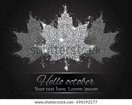 Elegant autumn background with silver shining maple leaves. Vector illustration. Silver leaves on dark background.