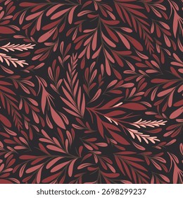 Elegante patrón de follaje botánico de otoño con hojas de cobre sobre fondo oscuro: diseño natural cálido y sin costuras para tela, Fondo de pantalla y papelería